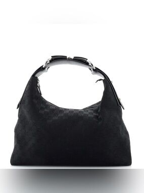 Gucci Black Monogram Canvas GG Horsebit Medium Hobo Bag